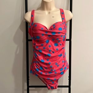 Romenza Targo Pilka Dots Pink Blue One Piece Swimsuit Women Size XL New